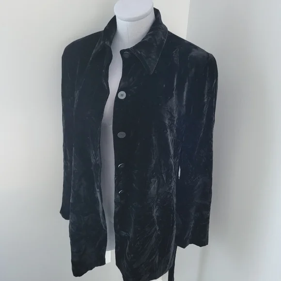 Vintage Y2K Jones New York Black Crushed Velvet Belted Jacket Sz 10 - Picture 2 of 11